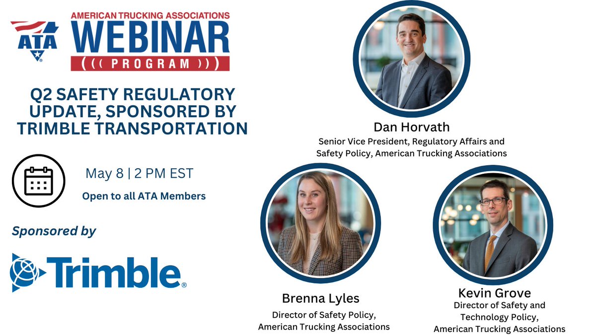 Join us May 8 for ATA’s Q2 Safety Regulatory Update webinar, sponsored by @Trimble_Trans. Learn more about the latest regulatory topics, updates on the Safe Driver Apprenticeship Program, and more. Register today: bit.ly/3y6nT2u