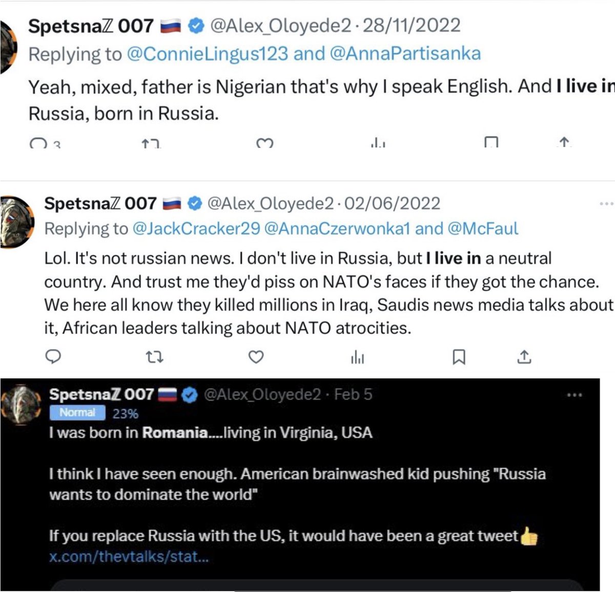 Looks like Oloyede went to the same grifter school as Donbass Devushka. 🇺🇸 Sara claimed to be russian/ italian/ Jewish, born in Donbas and Israel. 🇳🇬 Oloyede was born in russia and Romania, and lives simultaneously in russia/ 🇺🇸/ some ‘neutral’ country🤡