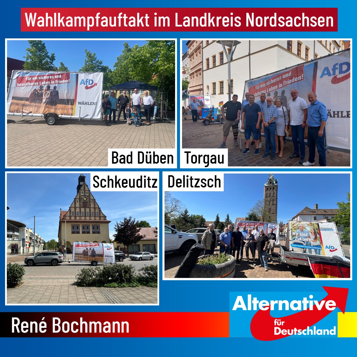 +++ Wahlkampfauftakt im Landkreis #Nordsachsen +++

Am heutigen 1. Mai begann der Wahlkampf der #AfD für die Kommunal- und EU-Wahl am 9. Juni auch bei uns im Landkreis Nordsachsen. Wir starteten in Bad #Düben, fuhren über #Delitzsch, #Schkeuditz, #Torgau und #Taura (1/2)