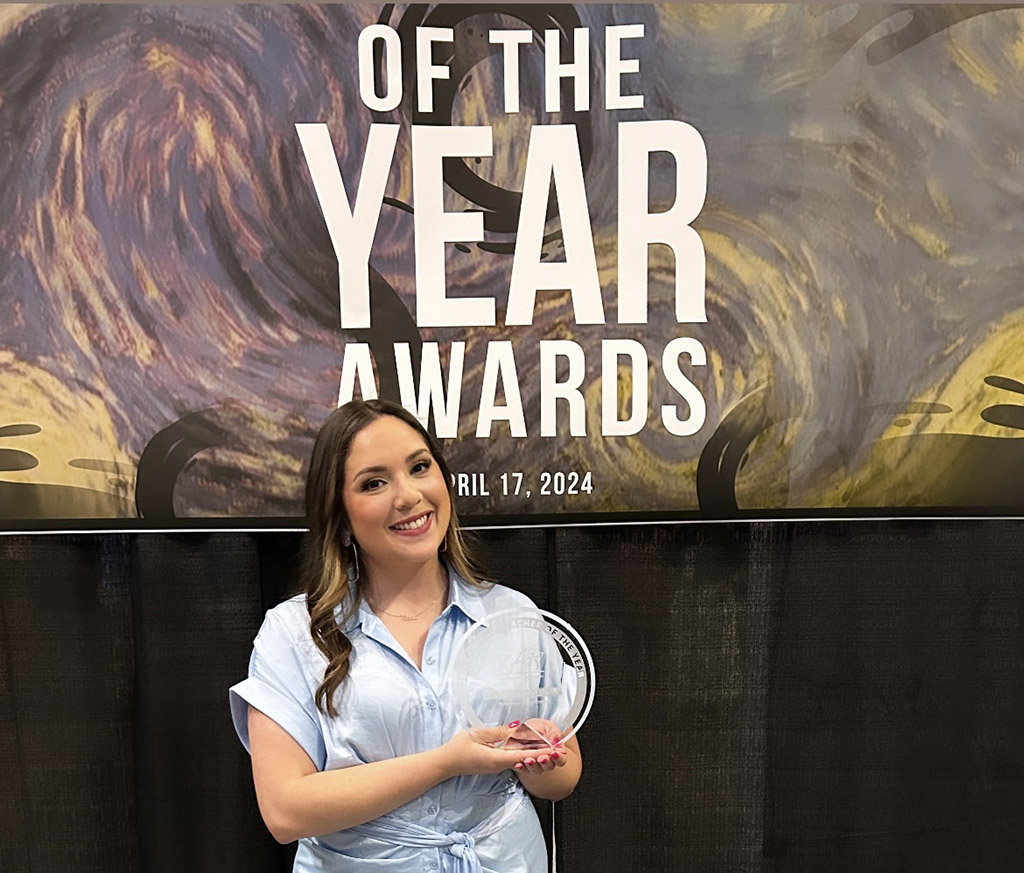 Congrats to #ForeverCoog Anna Suarez! She was named 2023-24 Teacher of the Year at Robertson Elementary in @katyisd! She earned a B.S. in teaching and learning in 2017. She said her childhood in Venezuela inspired her to “advocate for those less fortunate.”