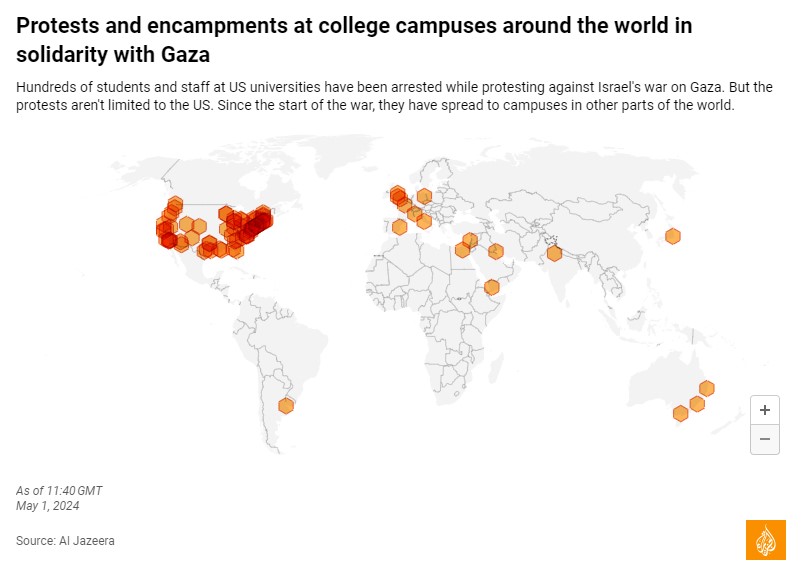 map of gaza solidarity protests at college campuses globally: