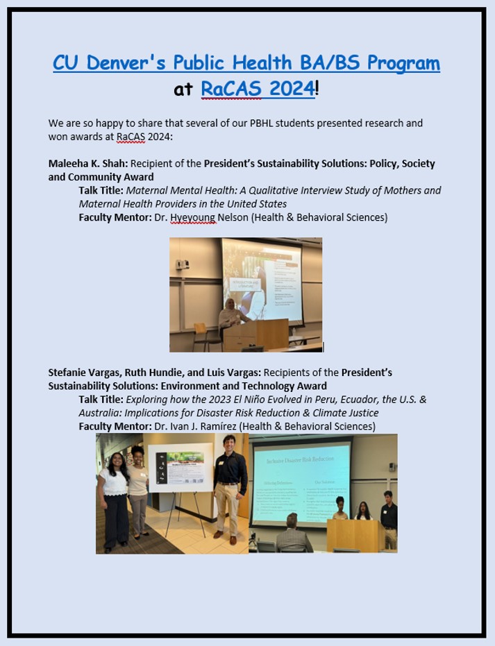 Research by @CUDenver Students on Display at the 27th Annual RaCAS Symposium news.ucdenver.edu/research-by-cu… Congrats to @CUDenverCLAS #PublicHealth BS Students winning President's Sustainability Challenge Award @CUDenResearch @CUDenverNews @HyeyoungNelson #CECJThinkLab #healthjustice