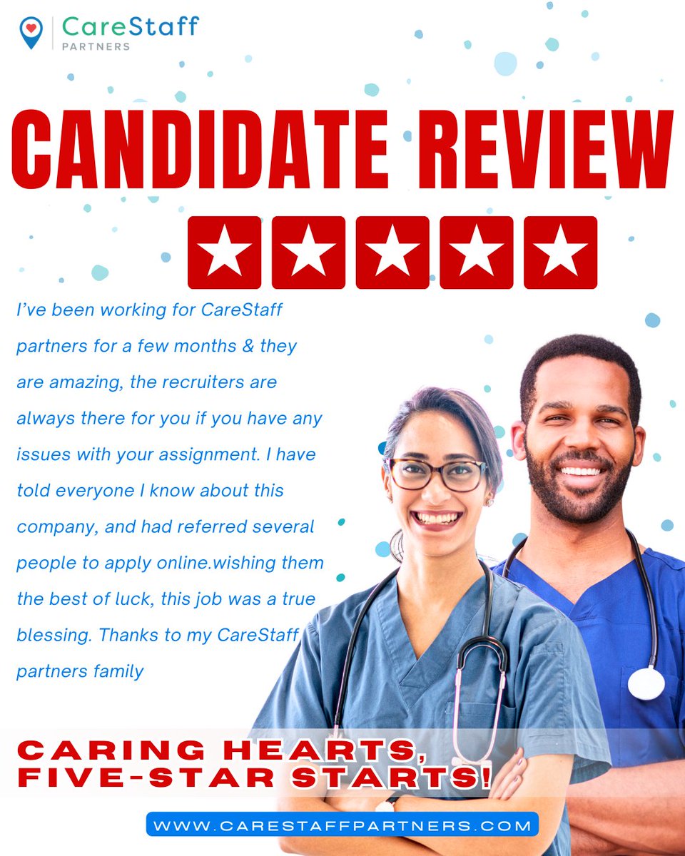 Dive into our glowing five-star reviews & kickstart your journey with a trusted CareStaff Partners healthcare or school recruiter today! 
#healthcarestaffing #healthcare #staffingagency #nursejobs #recruiter #healthcarerecruitment #healthcarecareers #nursestaffing  #Education