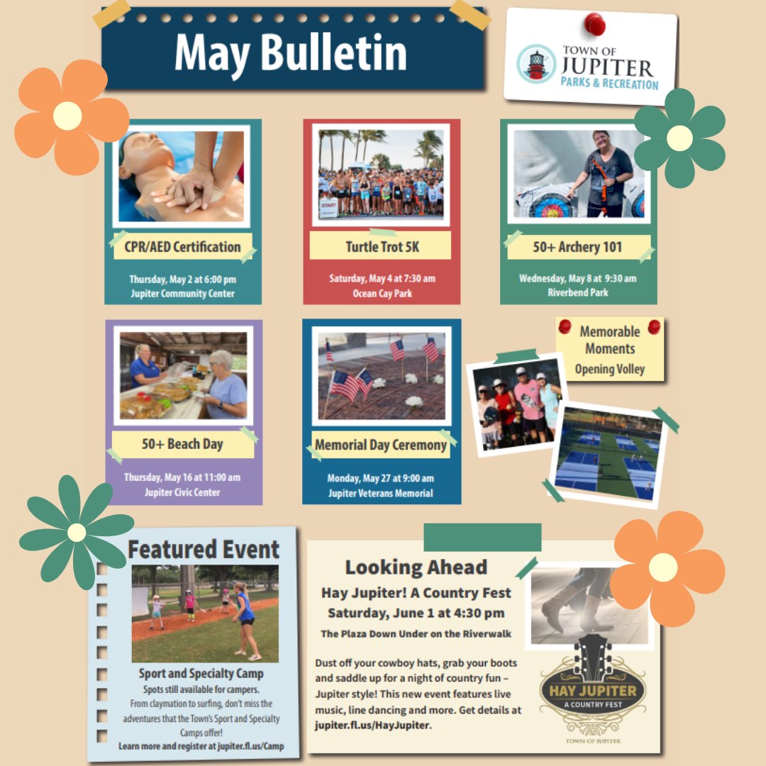 Check out some fun upcoming happenings with the May Parks and Recreation calendar! 🎉 Get set for Saturday's Turtle Trot, Memorial Day Ceremony and much more! For all the details, visit jupiter.fl.us/216/Recreation. #TownOfJupiter #CommunityFun #MayEvents