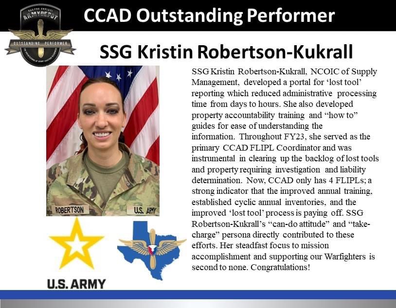 #CCADSalute to SSG Kristin Robertson-Kukrall, CCAD's outstanding performer for April 2024!
#WeAreCCAD #WeKeepTheArmyFlying #CCArmyDepot #WorkForceWednesday #CCADOutstandingPerformer #WhoWorksHereWednesday #WinningMatters