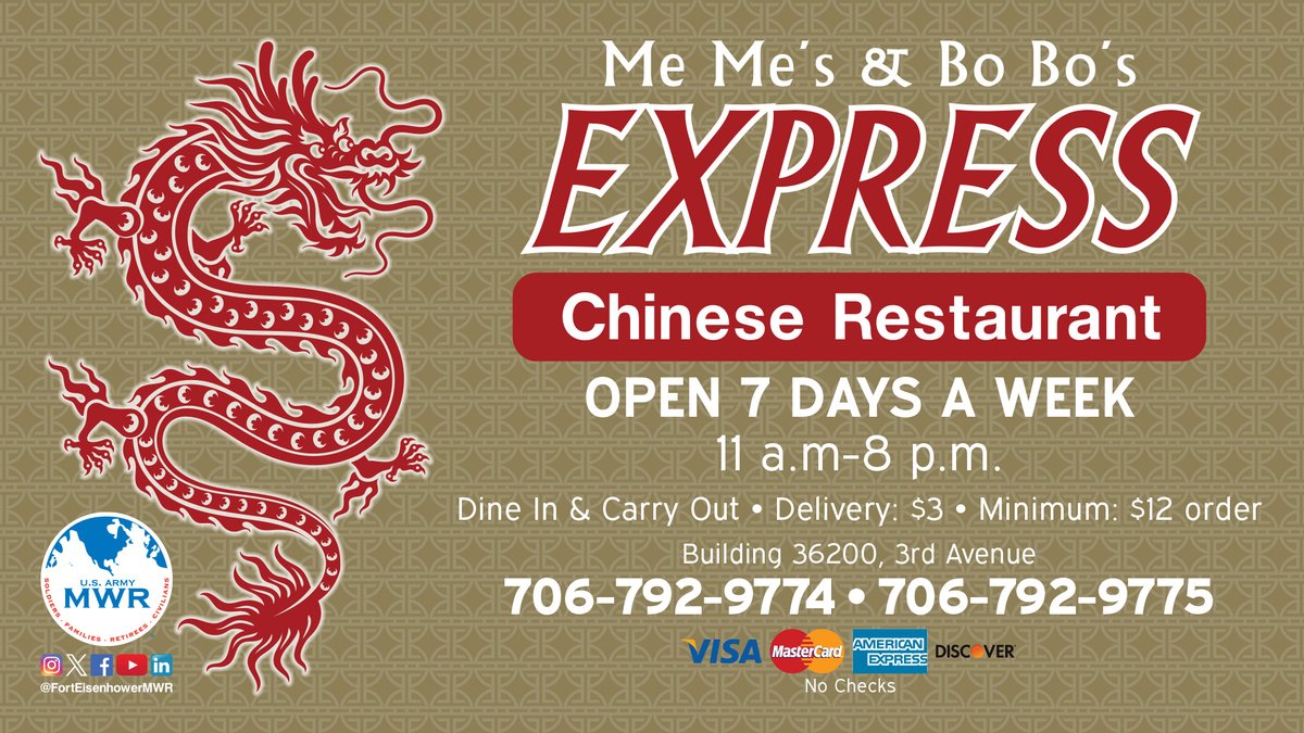 Had all the Mexican food you can possibly eat yesterday?

Why not enjoy some Chinese food today! MeMe's & BoBo's Express is open for lunch, dinner & in-between snacks! They can also deliver!

Check out their menu by visiting eisenhower.armymwr.com/programs/me-me….

#EisenhowerMWR #MeMeandBoBos