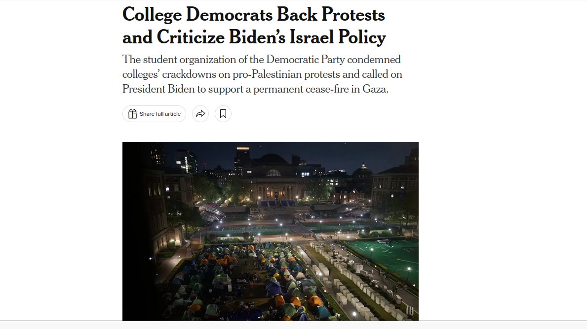 A pro-Biden organization has 'put in its lot with the campus protesters, many of whom are Jewish themselves. It praised the `bravery’ of students willing to endure arrest and suspension `to stand up for the rights and dignity of the Palestinian people.’' nytimes.com/2024/04/30/us/…