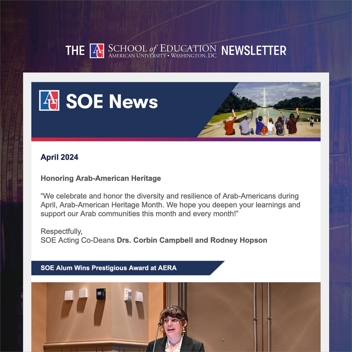 Read about how the cutting-edge #research of SOE's faculty, students, and staff was highlighted at @AERA_EdResearch's phenomenal Annual Meeting and more exciting happenings in our latest newsletter at bit.ly/soeAPR2024news. @AmericanU #education #news #events #community