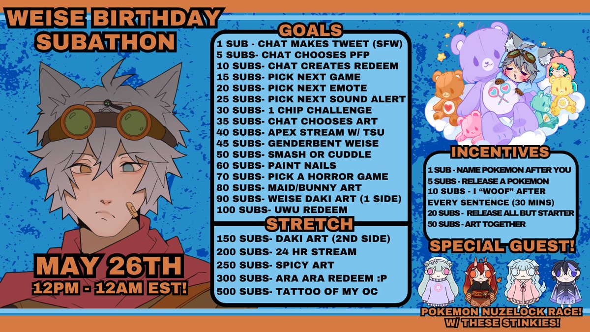 Hi all!! so the announcement is.. I'm doing my first ever Subathon this month!! 

It's going to be on the 26th of May!
From 12pm - 12am EST! 12 hours!

Come join me then to celebrate my birthday and cheer me on to victory! or sabotage me.. but you w-wouldn't do that r-right? x.x