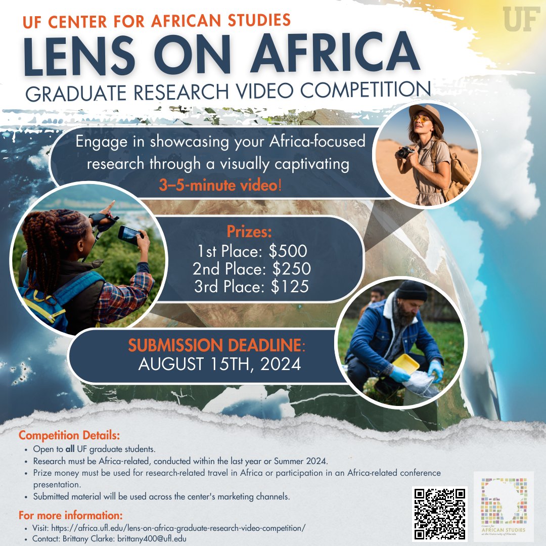 Calling all graduate students passionate about Africa research! 🌍✨ Showcase your work and win prizes in our Graduate Research Video Competition. 🏆 Submit your 3–5 minute video now! africa.ufl.edu/lens-on-africa… #LensOnAfrica #GraduateResearch #Competition