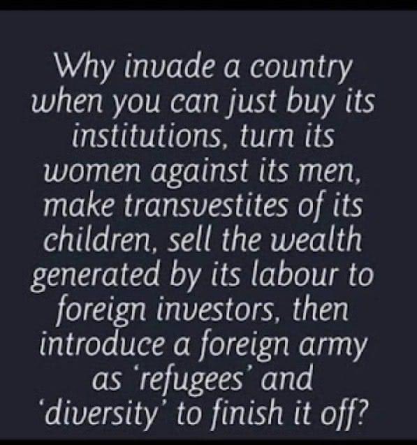 Why invade a country when you can just buy its institutions, turn its women against its men, make tr*nsvestites of its children, sell the wealth generated by its labor to foreign investors, then introduce a foreign army as 'refugees' and 'diversity' to finish it?