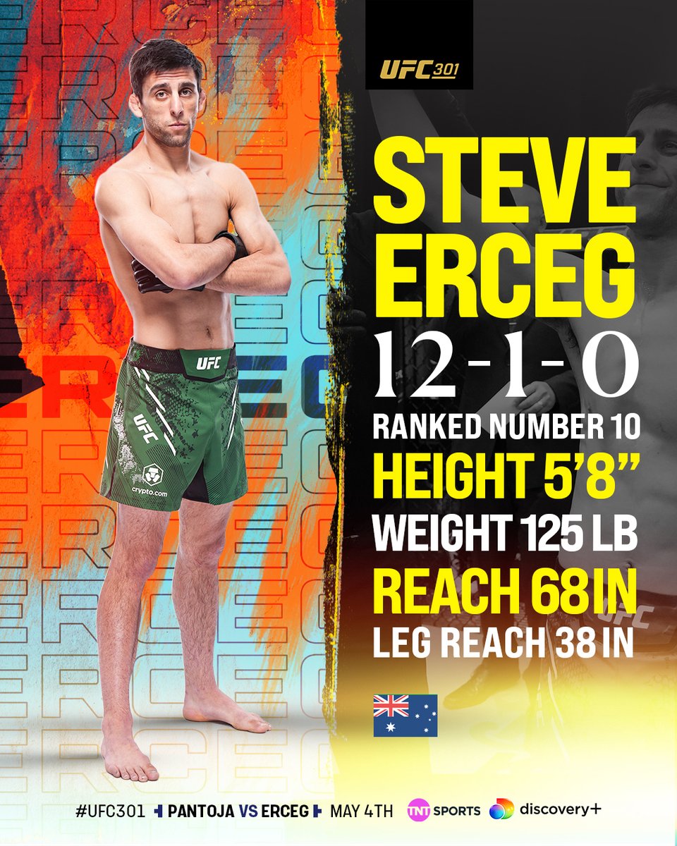 On June 10, 2023 Steve Erceg made his UFC debut... Less than 365 days later he fights for the UFC Flyweight Championship against Alexandre Pantoja 🏆 Can he complete the PERFECT debut year? 🫣 #UFC301 | Saturday | LIVE on TNT Sports & discovery+