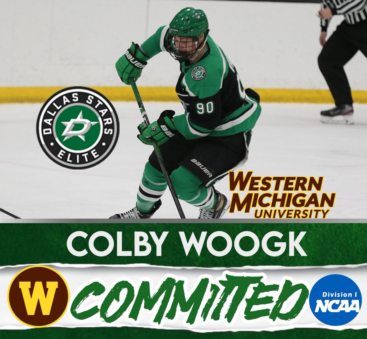 Congratulations to DSE alum Colby Woogk on his commitment to play Division I hockey at Western Michigan University! 💚🖤

#gostarselite #elitedna #GreenHelmets