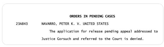 @upandup1189 @JDunlap1974 FELON Peter Navarro's 2nd longshot bid for release pending appeal has been denied by the Supreme Court Pesky FACTS