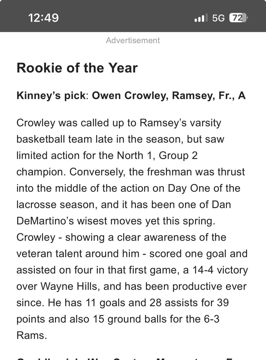 Freshmen Owen Crowley is ⁦@MikeKinneyHS⁩ pick for Rookie of the Year in the state at the midpoint of the season!! ⁦@ramseyNJschools⁩ ⁦@RamseyHSNJ⁩ ⁦@RamseyAthletics⁩ ⁦@VarsityAces⁩ #GoRams