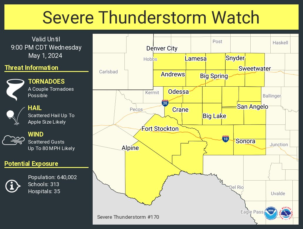 A severe thunderstorm watch has been issued for parts of Texas until 9 PM CDT