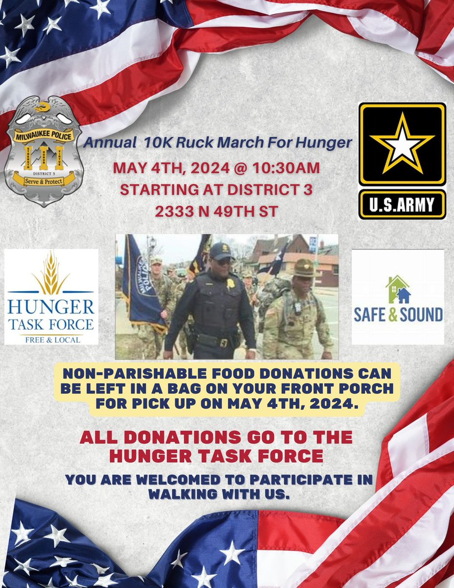 #MKEPD #MPDDistrict3 Annual 10K March for Hunger with the U.S. Army on May 4th.