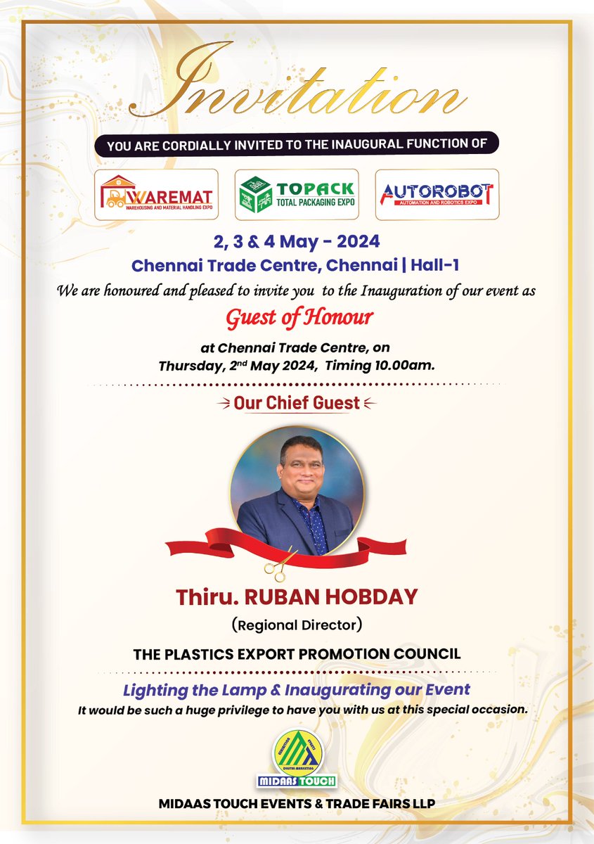 🌟Exciting News Alert!🌟
We're thrilled to announce Thiru. Ruban Hobday, Regional Director of The Plastics Export Promotion Council (#PLEXCONCIL), as our esteemed Chief Guest for the Grand Opening ceremony of 3 #B2BExpos!

Entry FREE! Pre-Register: zurl.co/6bvl