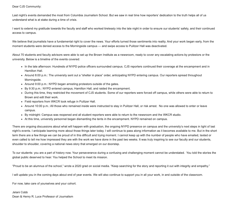 Here's Columbia Journalism School Dean Jelani Cobb's memo to faculty. 'We believe that journalists have a fundamental right to cover the news. Your efforts turned those sentiments into reality.'