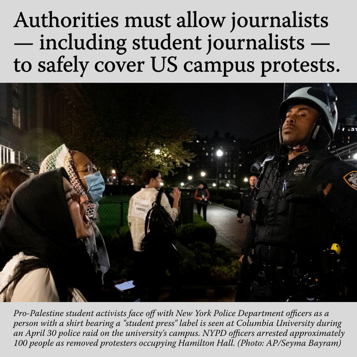 With tensions over pro-Palestinian protests escalating on college campuses across the United States, CPJ calls on university authorities and law enforcement agencies to allow reporters to freely cover the demonstrations. #StudentProtests #Israel #Gaza