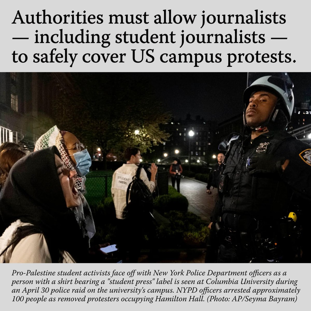 With tensions over pro-Palestinian protests escalating on college campuses across the United States, CPJ calls on university authorities and law enforcement agencies to allow reporters to freely cover the demonstrations.

#StudentProtests #Israel #Gaza