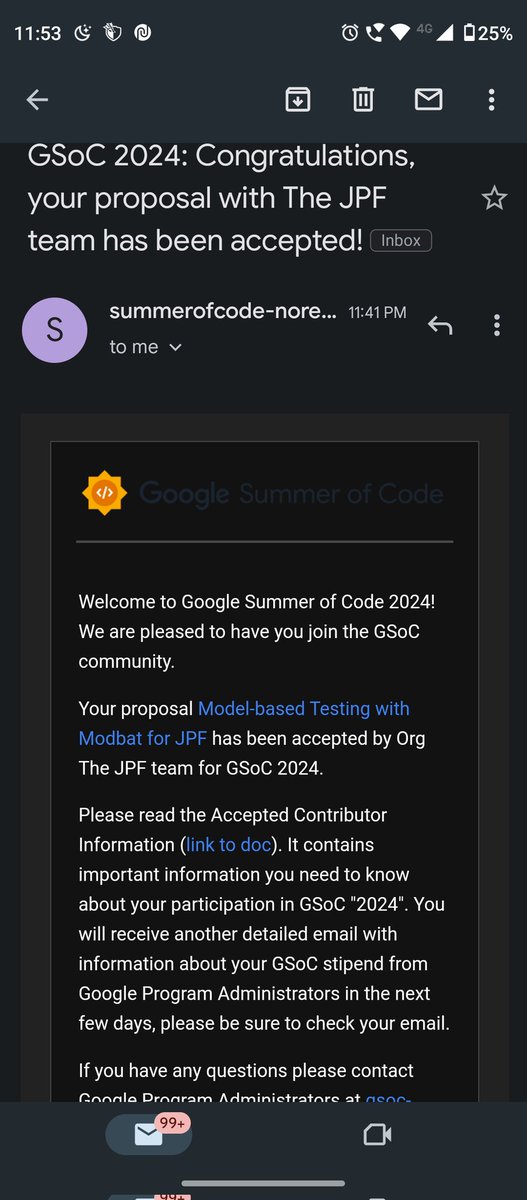 Much awaited email 🥹🥹

Finally it's GSOC this time 🥳🥳🥳

#GSOC24
#gsoc
#GoogleSummerOfCode