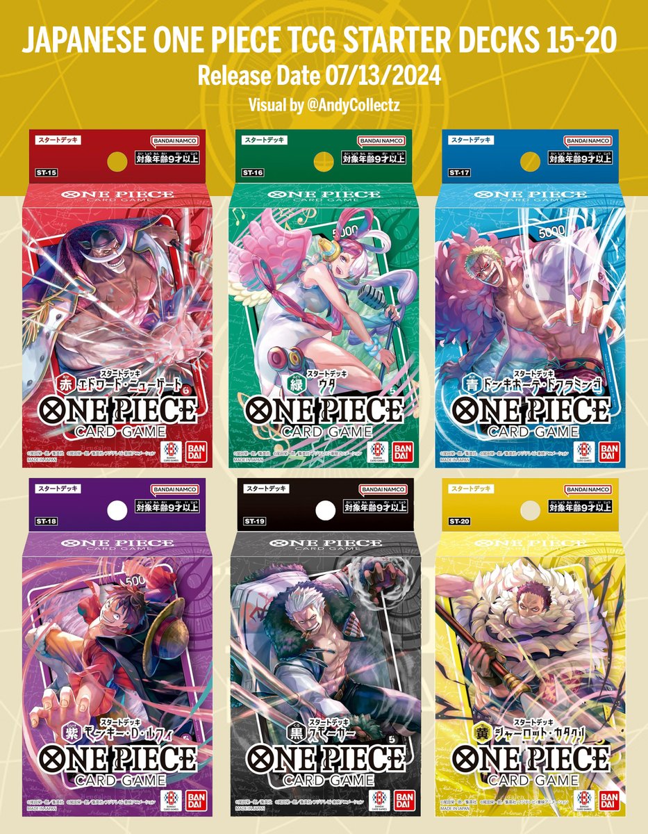 High-res Official Mockups of the Japanese OPTCG Starter Decks ST15-20 👀

Happy they're making these but also sad they're releasing all of them at once because no monies 🥲