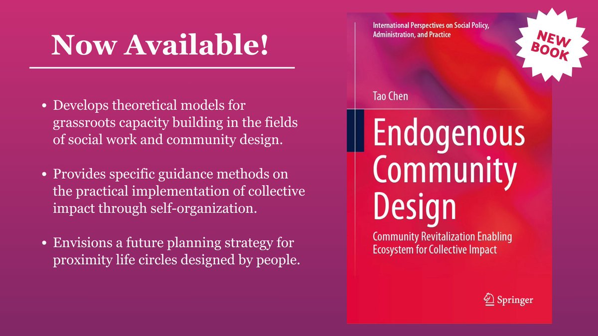 New from the International Perspectives on Social Policy, Administration, and Practice book series: ENDOGENOUS COMMUNITY DESIGN by Prof. Tao Chen! This book is ideal for anyone passionate about sustainable community development. 
#NowAvailable on SpringerLink!