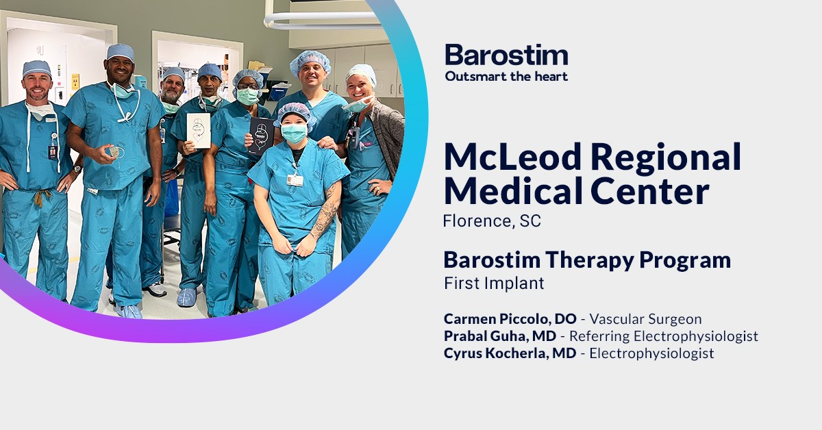 We're proud to support Drs. Carmen Piccolo, Prabal Guha, and Cyrus Kocherla and the team at McLeod Regional Medical Center on their first #Barostim implant. Congratulations on the launch of the program.

#heartfailure #cardiology #CardioTwitter #epeeps