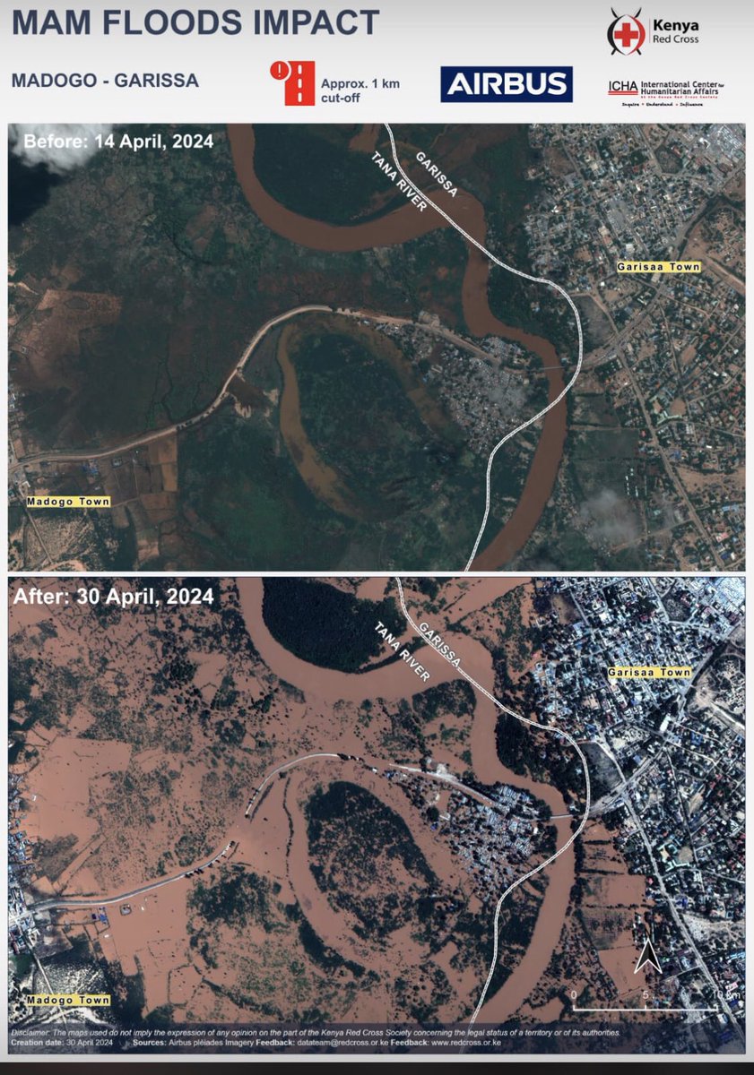 Using GIS and Earth observation(High res) to analyze impact of floods in north eastern Kenya Over a kilometre of critical road has been cut off between Garissa and Madogo   Many thanks @KenyaRedCross for the efficient disaster response and @icha_krc for this valuable image map