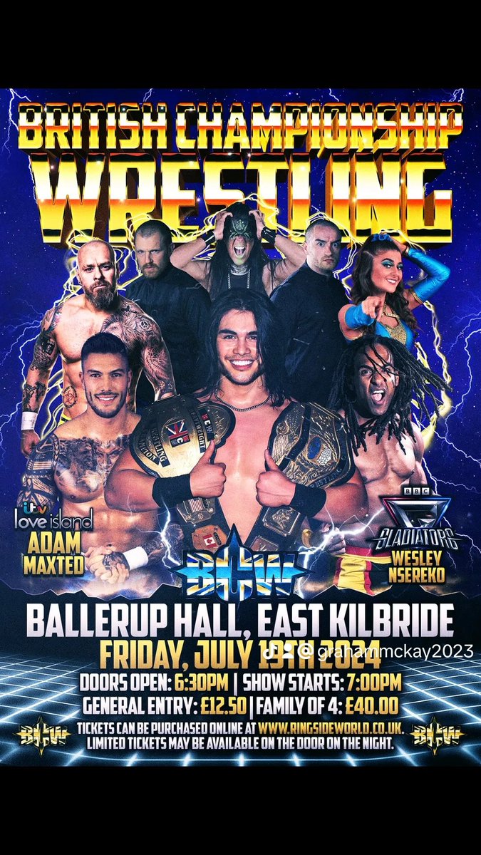 Our next show folks !!! Feat love Island star @AdamMaxted & Gladiator finalist @WesleyNsereko Friday 19th July Ballerup Hall East Kilbride Tickets are £12.50 or 4 for £40 To secure your seat simply go to Here you go - ringsideworld.co.uk/event6834/bcw-…