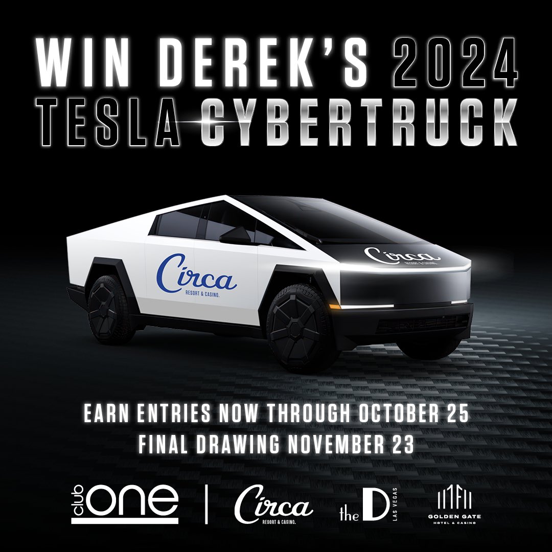 Win Derek’s 2024 Tesla Cybertruck!💥 @DerekJStevens is upping the ante this year with our boldest giveaway yet, where groundbreaking design meets cutting-edge technology. Come this November, the Cybertruck could be driving home with YOU. Learn more: circalasvegas.com/casino/promoti……