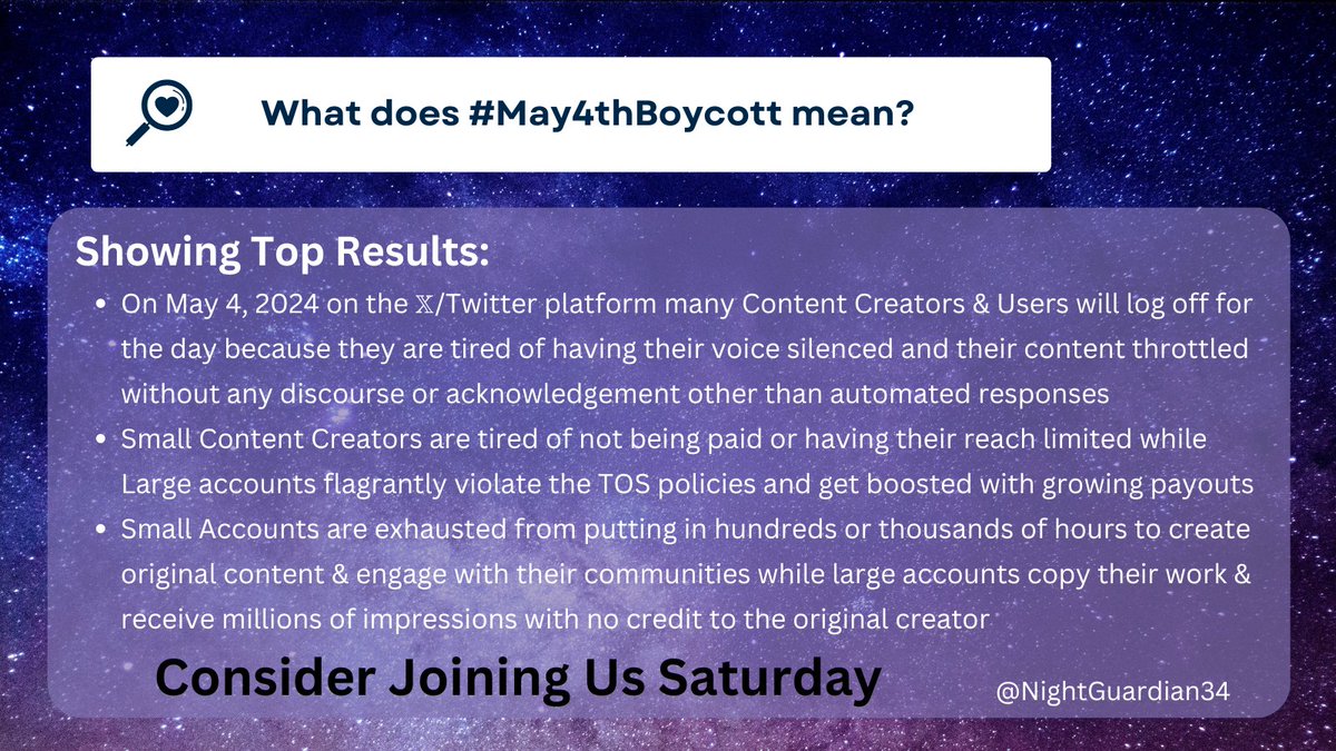 Are you tired of feeling ignored on 𝕏/Twitter?

Are you exhausted from being limited, shadowed, or throttled while the 'approved' larger accounts are flagrantly violating TOS & then being boosted?

Join us in a walkout on Saturday May 4,2024

#May4thBoycott #SmallAccountsMatter