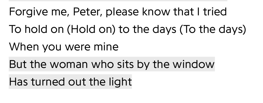 The lyrics from Peter cut deep. Am I the only one that thought about NYD when the lyrics say: “Forgive me, Peter, please know that I tried To hold on (Hold on) to the days (To the days) When you were mine” ? #TSTTPD