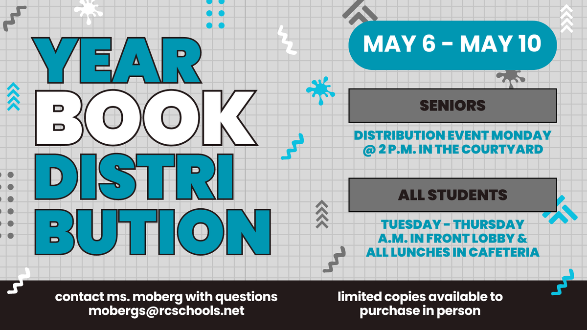 🎉Yearbook distribution begins NEXT WEEK!!

Monday: senior distribution at 2 p.m. in the courtyard

Tuesday - Thursday: all student distribution before school (front lobby) or during all lunches (cafeteria)

There will be limited copies available to purchase in person.