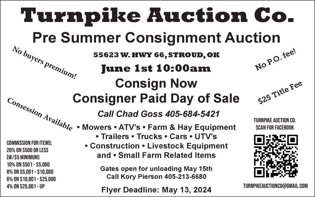 Pre-Summer CONSIGNMENT AUCTION! Consign today!! Give Chad a Call at 405-684-5421
Turnpike Auction Company

#auctioncalendar #printedinoklahoma #TheRightChoice #classifiedswork #deals #shopperswork #consignment #classifiedheadquarters