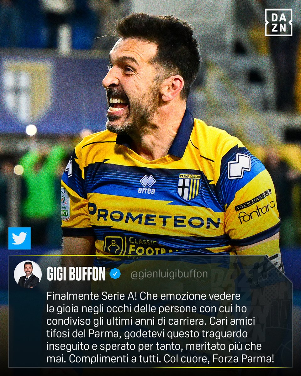 '𝘊𝘰𝘭 𝘤𝘶𝘰𝘳𝘦, 𝘧𝘰𝘳𝘻𝘢 𝘗𝘢𝘳𝘮𝘢' 🟡🔵

Il messaggio di Gigi #Buffon per la promozione del club emiliano in #SerieATIM

#DAZN