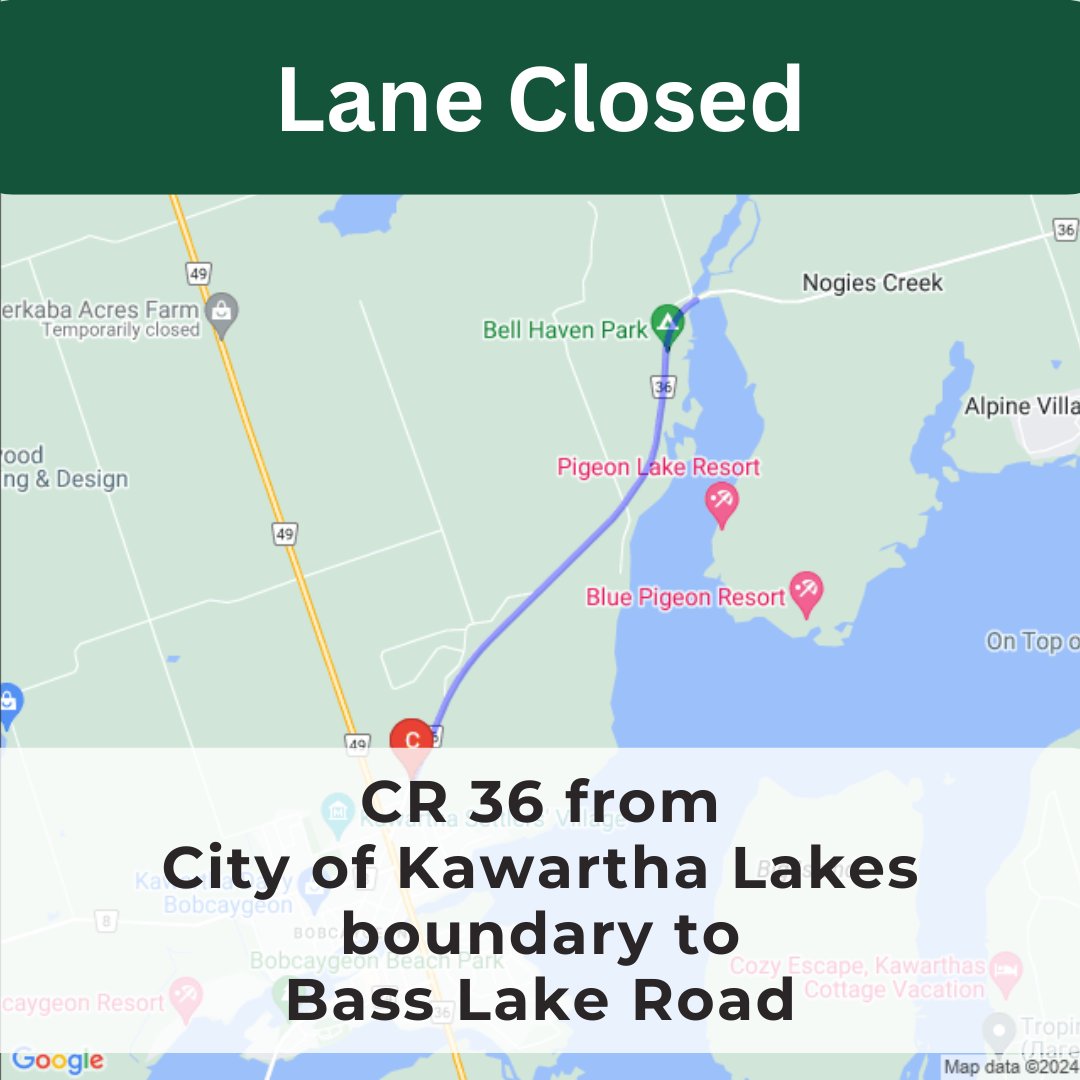 County Rd 36 from City of Kawartha Lakes boundary to 50m E of Bass Lake Rd will have daily lane restrictions to facilitate road resurfacing. Start: May 6 at 7 am End: June 28 at 5 pm Questions? Contact Peterborough County at 705-743-0380 or by emailing info@ptbocounty.ca.