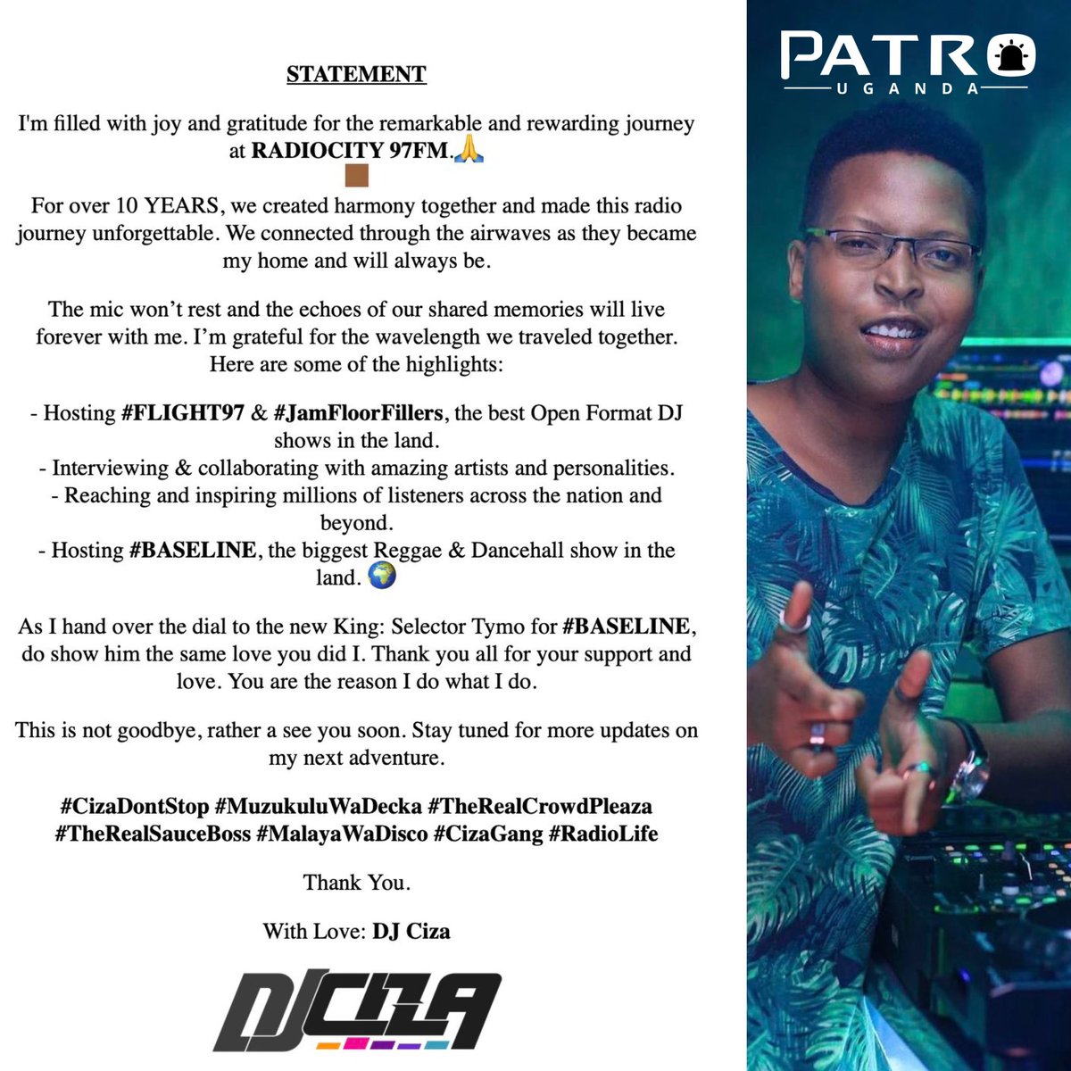 PatroUganda's tweet photo. 🚨 @DjCiza leaves @97fmRadiocity after a period of over 10 years. https://t.co/bsJsZiJoVU