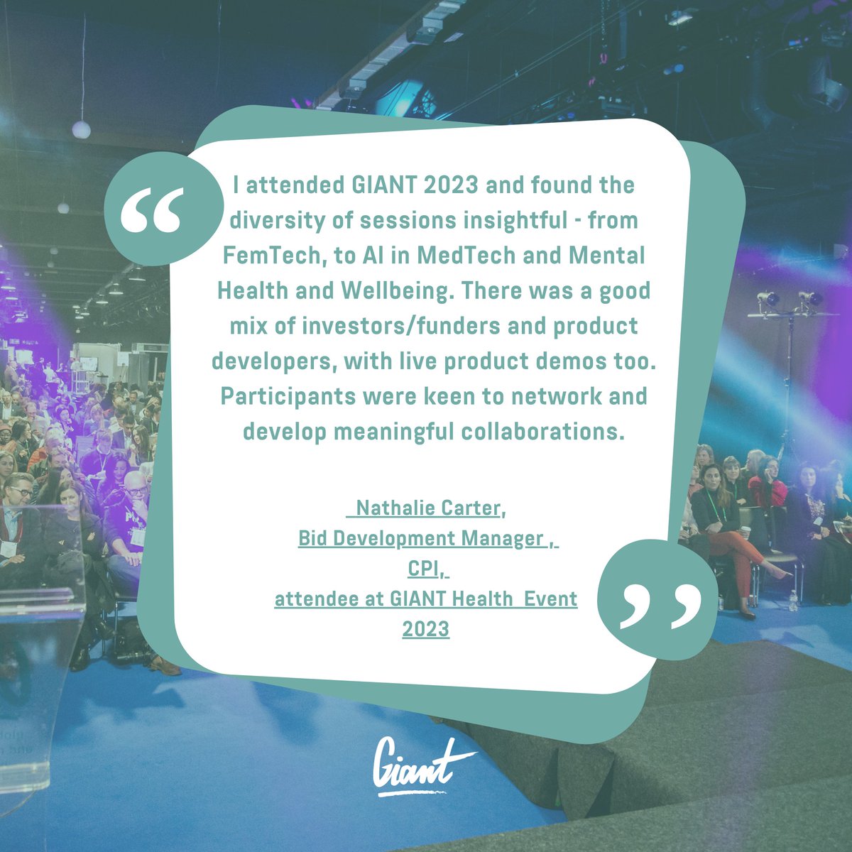 It's #WednesdayMotivation 🍀💪 We appreciate all of the valuable feedback we receive from our attendees, exhibitors & sponsors! Nathalie Carter, Bid Development Manager @ukCPI, attendee at #GIANT2023 #healthcare #thankyou #digitalhealth #healthtech #innovation