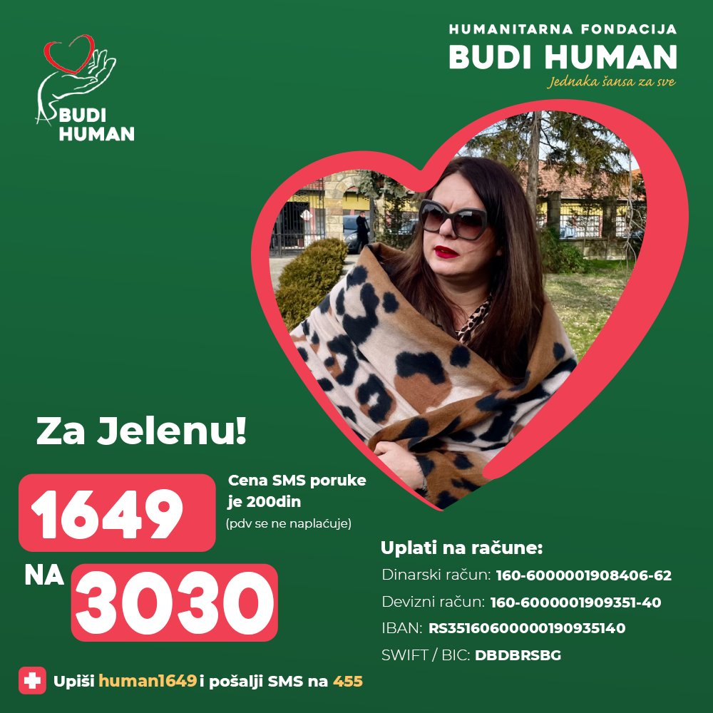 Pomozimo Jeleni!

Upišimo 1649 i pošaljimo SMS na 3030

budihuman.rs/korisnik/1649/…

#budihuman #jednakašansazasve