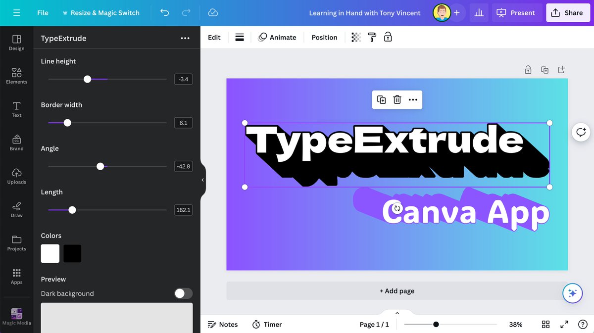 Add depth and dimension to your text in Canva. Click Apps in the side menu and search for TypeExtrude. #CanvaEdu #EdTech #ClassyCanva #Canva #TeacherTwitter