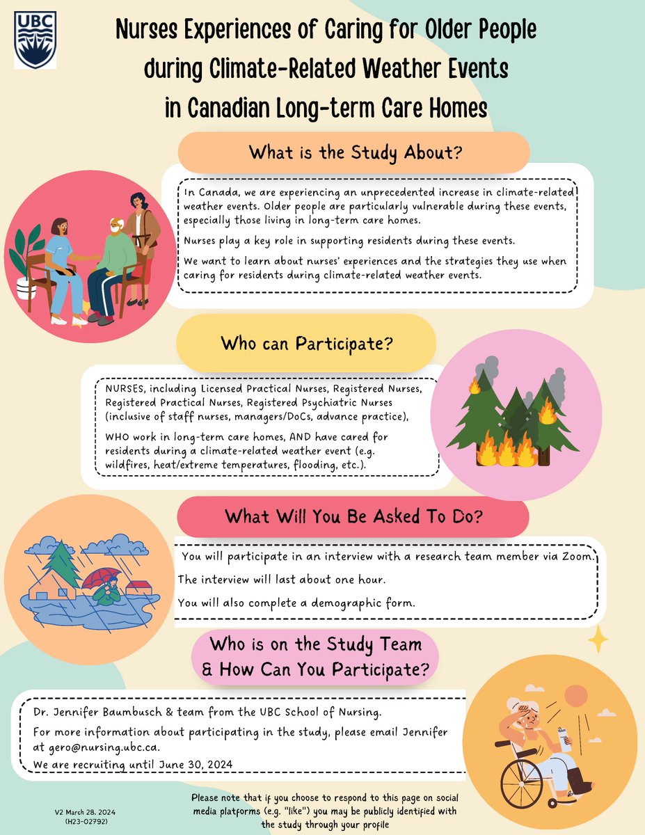 GERONursing's tweet image. Nurses who have cared for residents during climate-related weather events in Canadian LTC homes are invited to participate in our study.

Note: if you choose to respond to this page on social media platforms you may be publicly identified with the study through your profile.