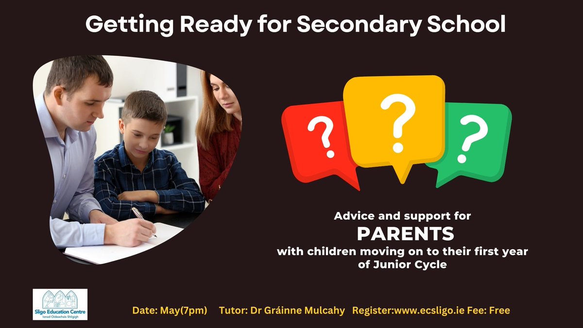 📢Join our webinar for parents! Dr Gráinne Mulcahy will provide advice and support to help your child thrive in their new school. 👉Register:ecsligo.ie #parents @MercySligo @cicsummerhill @SligoChampion