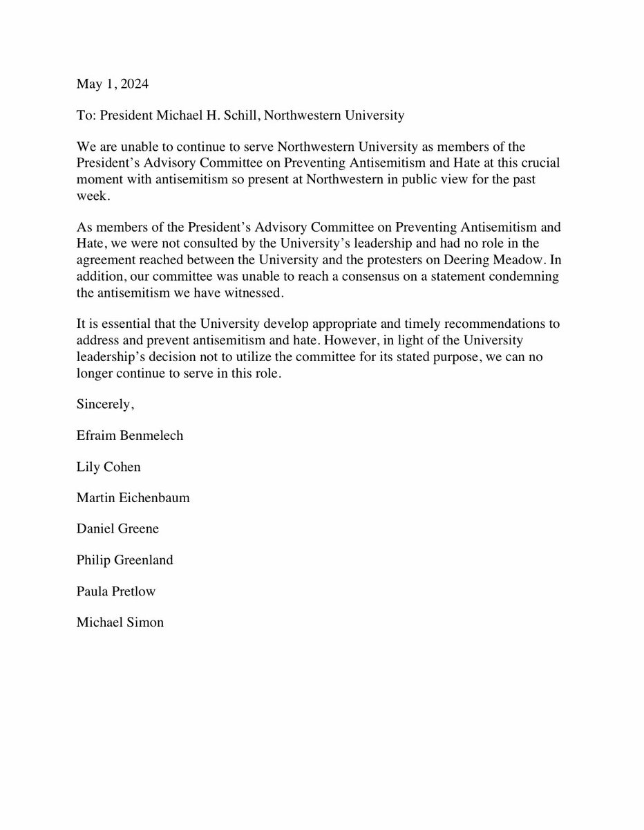 BREAKING: Seven members of the President’s Advisory Committee on Preventing Antisemitism and Hate informed University President Michael Schill they intend to step down immediately in a Wednesday letter. Read more @thedailynu: dailynorthwestern.com/2024/05/01/cam…