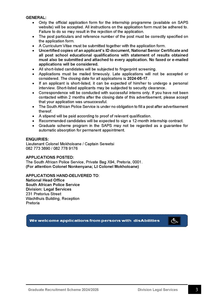 SAPS Graduate Recruitment Scheme x15 Division Legal Services
Closing date: 17 May 2024
Application form: tinyurl.com/2z6a2ace
Full advert: tinyurl.com/yc2cxyfv

#CareerExibsSA #JobsAdvice #JobSeekersSA #WeDoMoreWednesdays #MyBrothersKeeper #WorkersDay