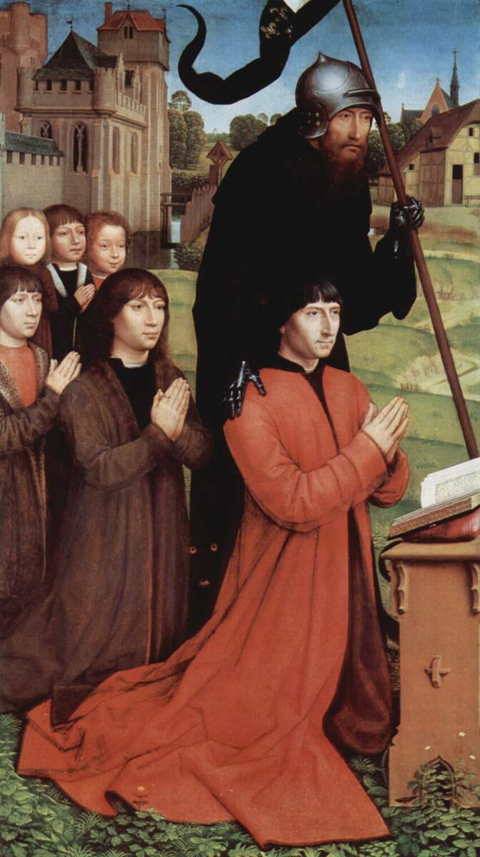 Triptych of Willem Moreel, left wing, the founder Willem Moreel, his sons and St. William of Maleval wikiart.org/en/hans-memlin…