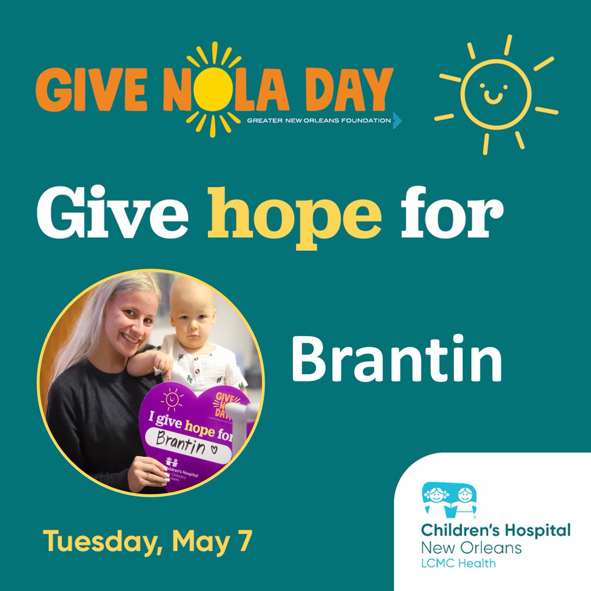 6 days to go! When you donate on GiveNOLA Day, your gift to Children's Hospital New Orleans will go directly towards treating children like Brantin that have cancer and blood disorders. Give today for hope tomorrow by scheduling your gift givenola.org/chnola. @GNOFoundation