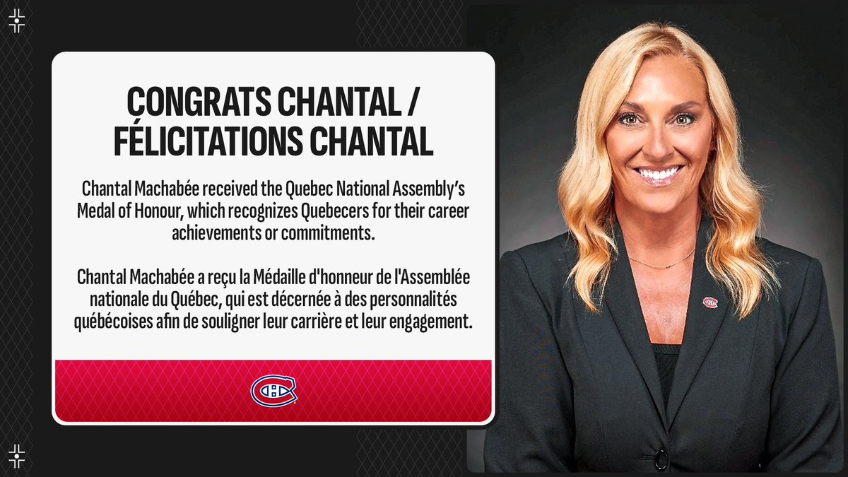 La LNH aimerait féliciter la vice-présidente, communications hockey des @CanadiensMTL Chantal Machabée pour l’obtention de la Médaille d'honneur de l'Assemblée nationale du Québec. 👏⚜️