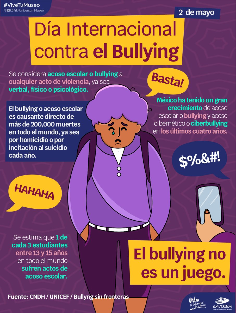 #UnDíaComoHoy es el Día Internacional contra el Bullying 🤚🏽

El acoso escolar o laboral es una realidad que afecta a un importante número de personas, ¡detengámoslo! 👧🏽👦🏽🤚🏽

#ViveTuMuseo